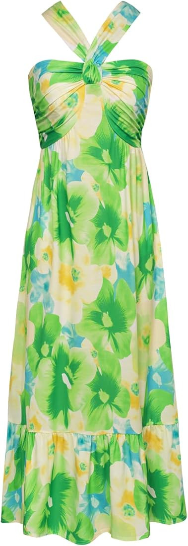 GRACE KARIN 2024 Women's Criss Cross Halter Neck Sleeveless Summer Floral Print Flowy A Line Maxi... | Amazon (US)