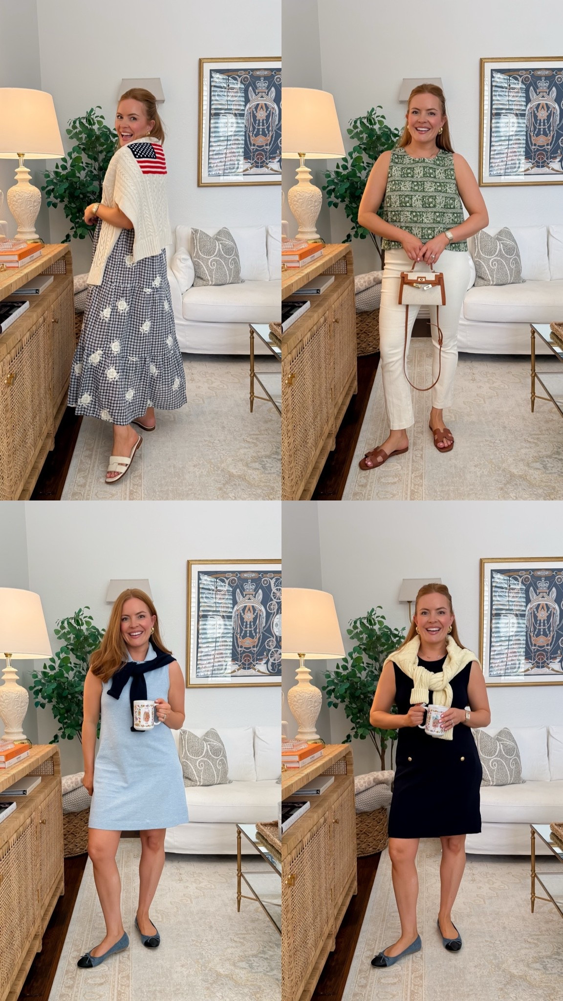 Recent Tuckernuck order try-on 🫶 Classic spring/summer pieces that feel polished but still easy to wear.

Outfit 1: gingham floral dress + flag sweater — perfect for Memorial Day weekend, July 4th, lake trips, or a casual summer dinner.

Outfit 2: green printed top + white pants — wear to lunch with friends, casual Friday, vacation dinner, or a daytime event.

Outfit 3: blue shift dress + sweater over shoulders — easy for brunch, teacher meetings, errands, or a casual office day.

Outfit 4: navy sleeveless dress + cream sweater — perfect for church, work, baby shower, or a polished weekend look.

Everything is linked in this LTK post!

#LTKStyleTip #LTKWorkwear #Tuckernuck #SpringOutfits #SummerOutfits

#LTKootd #LTKMothersDay #LTKmomlife