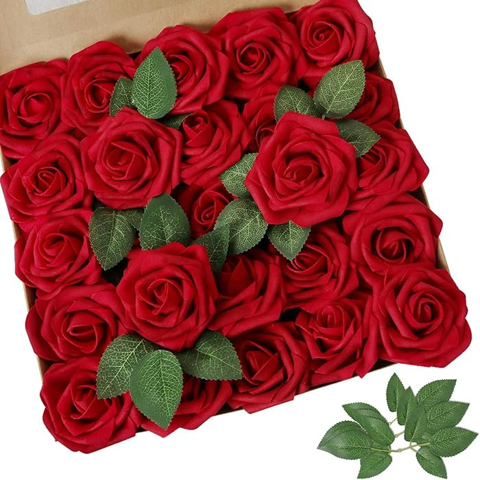 Artificial Flowers Dark Red Rose 25pcs Real Looking Fake Roses w/Stem for DIY Wedding Bouquets Ce... | Amazon (US)