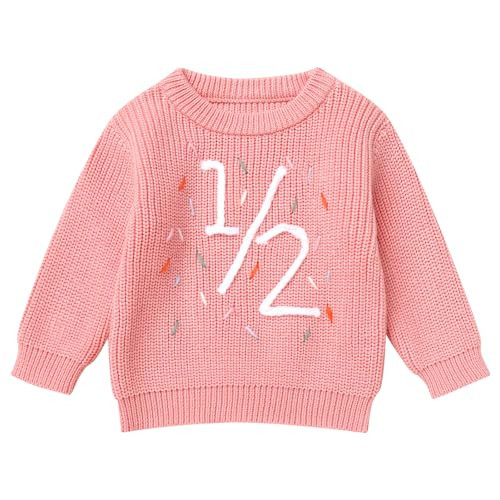 Half Birthday Outfit Baby Girl Knit Sweater 1/2 Floral Embroidery Sweater Infant Long Sleeve Pullover Cable Knitted Sweaters Baby Winter Cake Smash Photoshoot Outfits Pink 1/2 6 Months | Amazon (US)