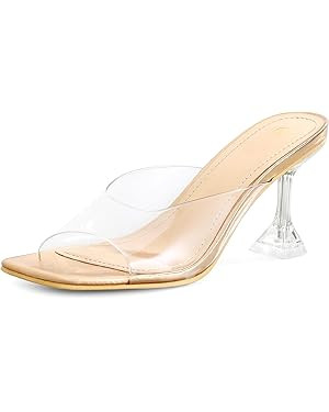 mysoft Women's Clear Heeled Sandals Square Toe Transparent Stiletto Mules Open Toe Slip on Dress ... | Amazon (US)