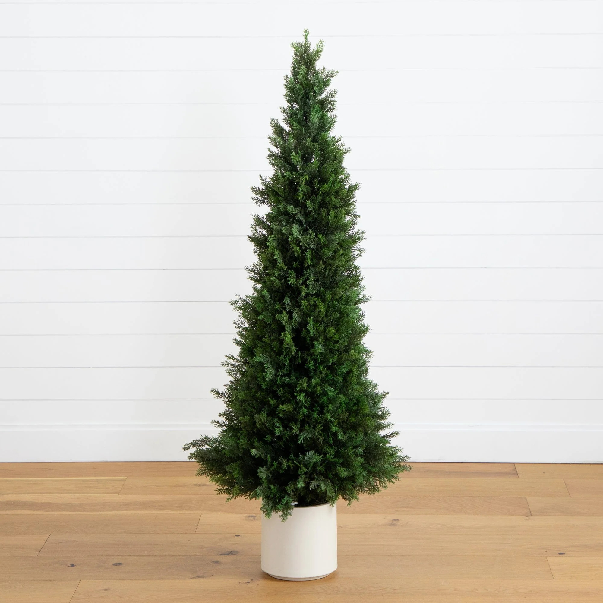 5’ UV Resistant Artificial Cedar Tree in Decorative White Planter (Indoor/Outdoor) | Nearly Nat... | Nearly Natural