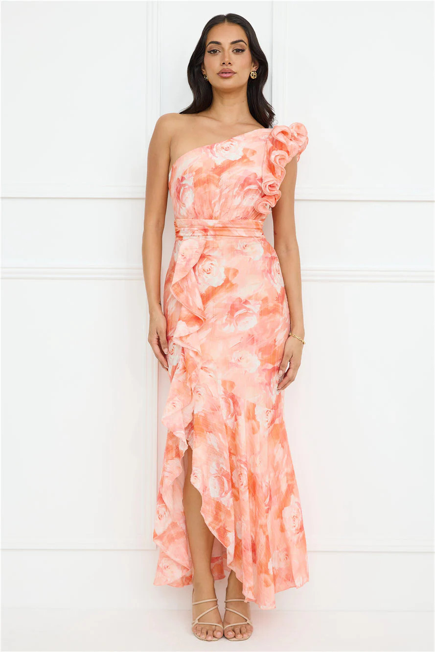 Serene Chic One Shoulder Maxi Dress Peach | Hello Molly (US)