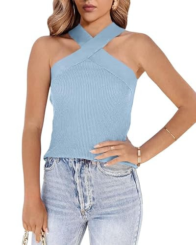 Womens Criss Cross Halter Sweater Vest Tops Summer Sleeveless Pullover Casual Lightweight V Neck Knit Tank Top Sky Blue | Amazon (US)