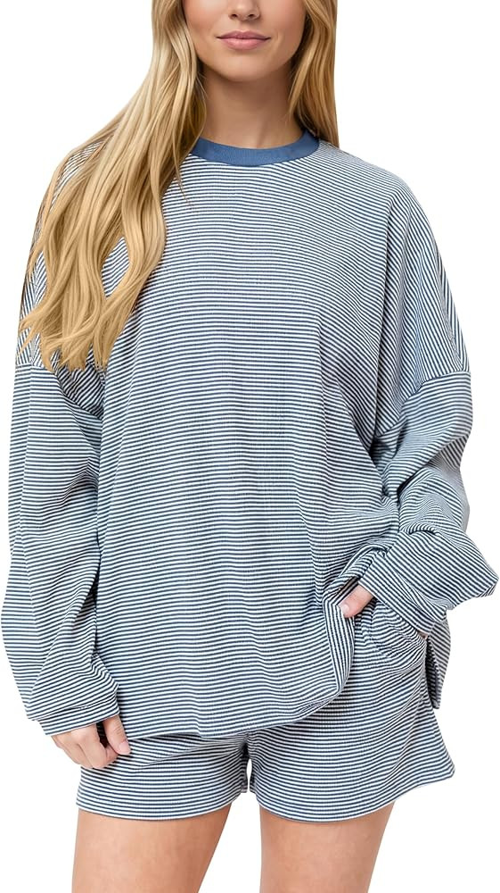 MISSACTIVER Women's Striped Lounge Set Long Sleeve Tee Shirts Drawstring Wide Leg Shorts Matching... | Amazon (US)