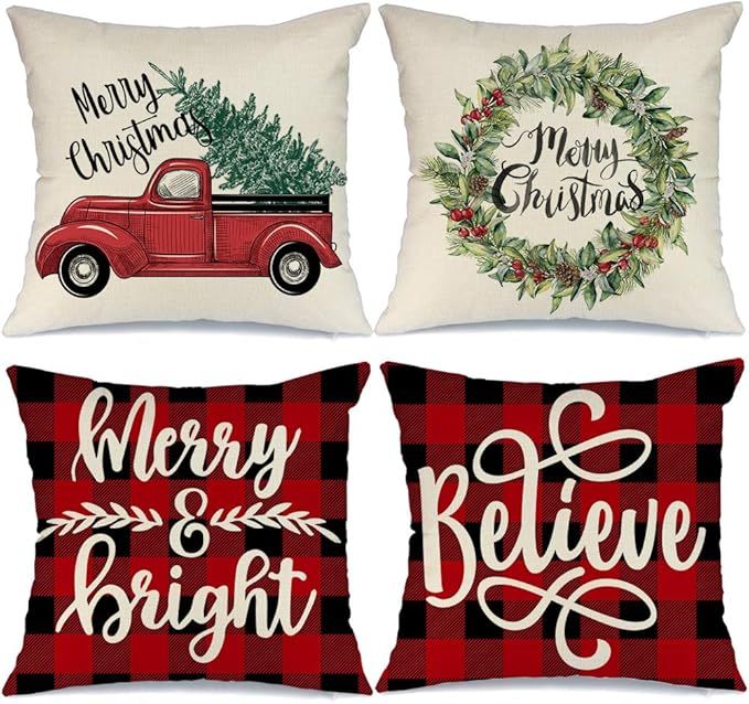 AENEY Christmas Decorations Pillow Covers 18x18 Set of 4 Merry Bright Buffalo Plaid Christmas Pil... | Amazon (US)