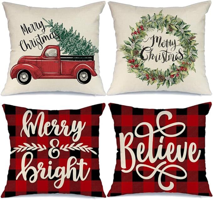 AENEY Christmas Decorations Pillow Covers 18x18 Set of 4 Merry Bright Buffalo Plaid Christmas Pil... | Amazon (US)