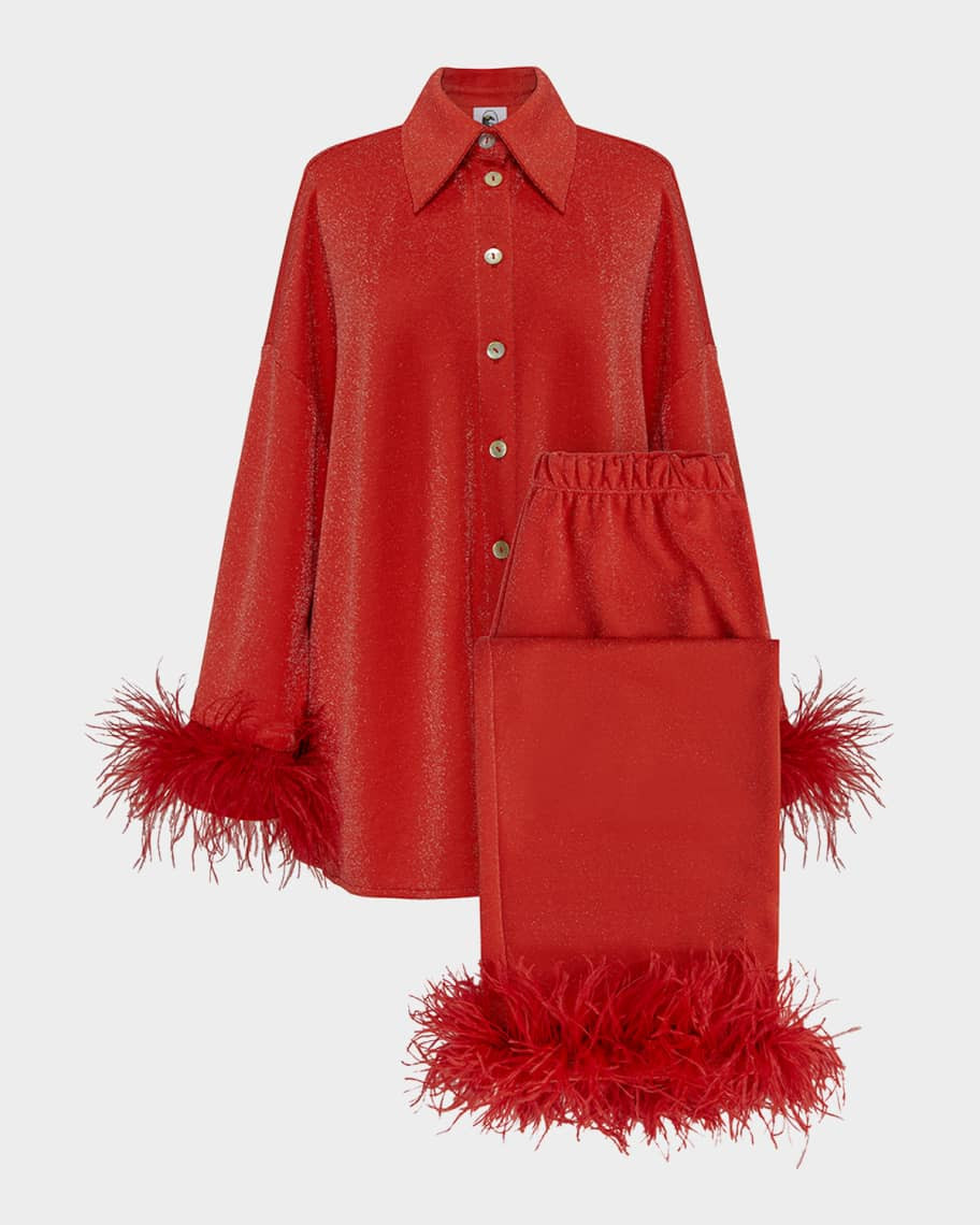 Cosmos Cropped Feather-Trim Metallic Pajama Set | Neiman Marcus
