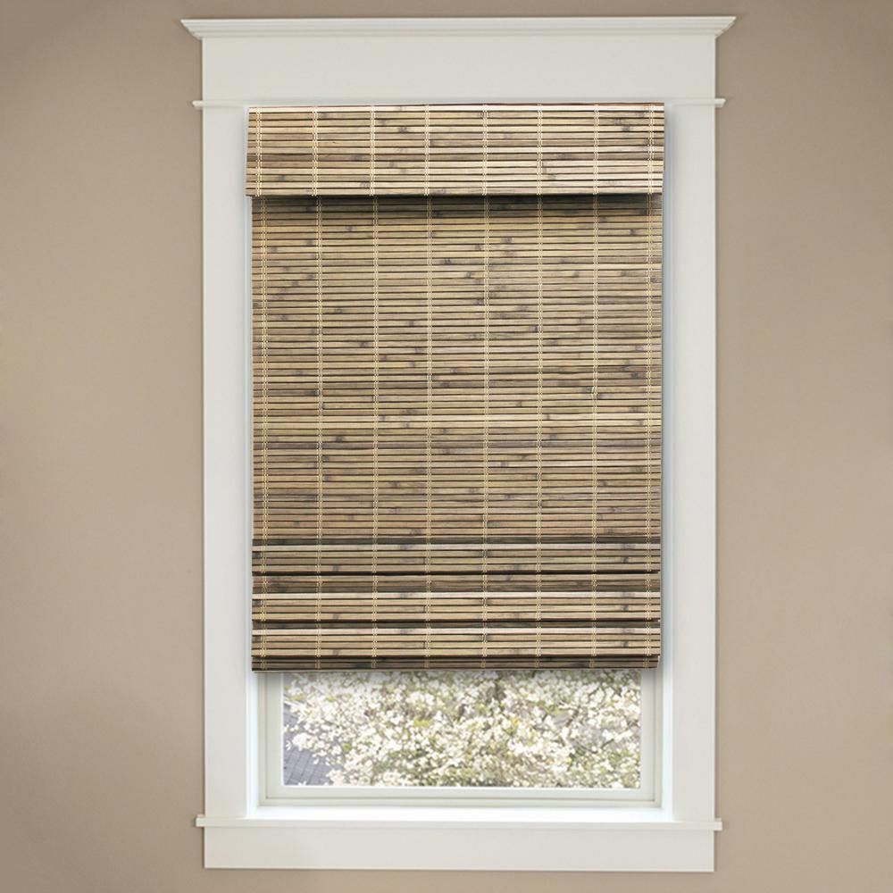 Cordless Cut-to-Width Driftwood Flatweave Bamboo Roman Shade - 35 in. W x 72 in. L (Actual Size 3... | The Home Depot