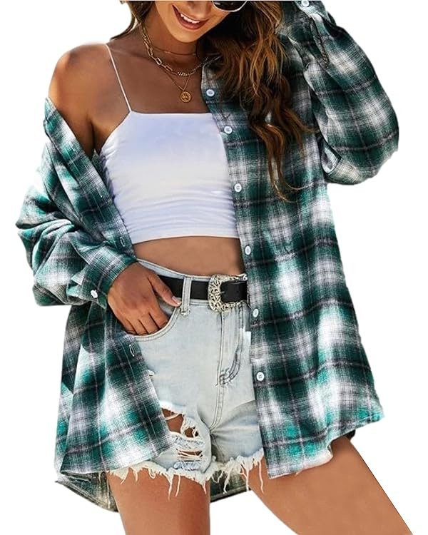 HangNiFang Womens Flannel Plaid Shirts Oversized Button Down Shirts Blouse Tops | Amazon (US)