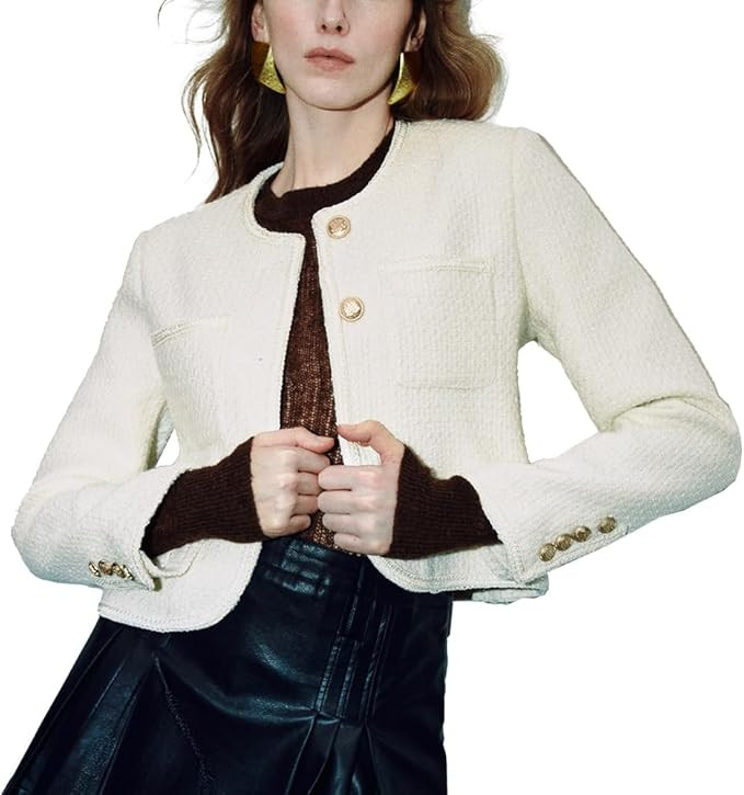 URBAN REVIVO Women's Casual Business Cropped Tweed Blazers Jacket with Pocket Slim Fit Long Sleev... | Amazon (US)