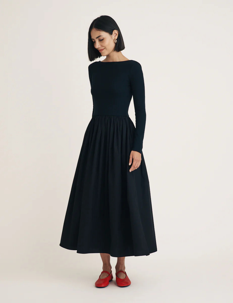 Black Long Sleeve A-Line Penni Midi Dress | Nobody's Child