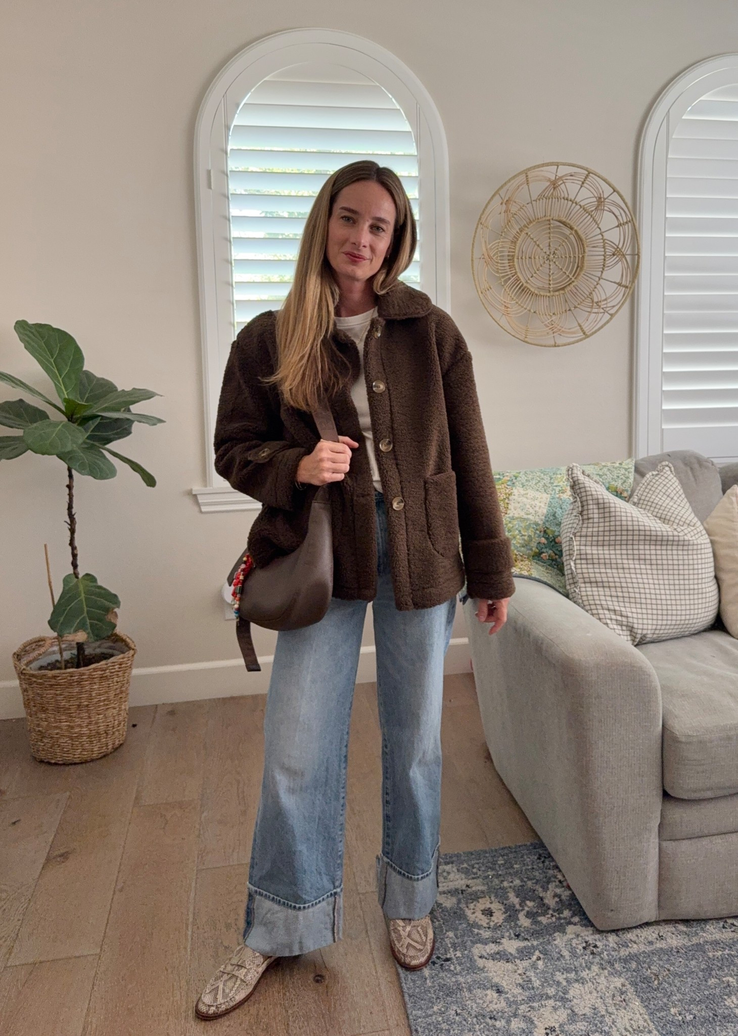 Chocolate Brown Sherpa Coat for fall, wearing a size small. 
