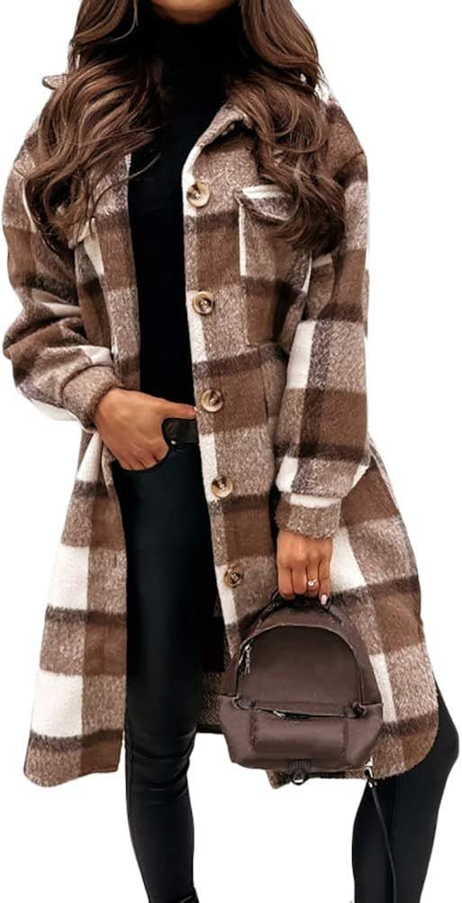 Romose Women Plaid Pockets Buttons Long Sleeve Oversize Blouse Coat Long Jacket Shirt Jacket Lumb... | Amazon (CA)