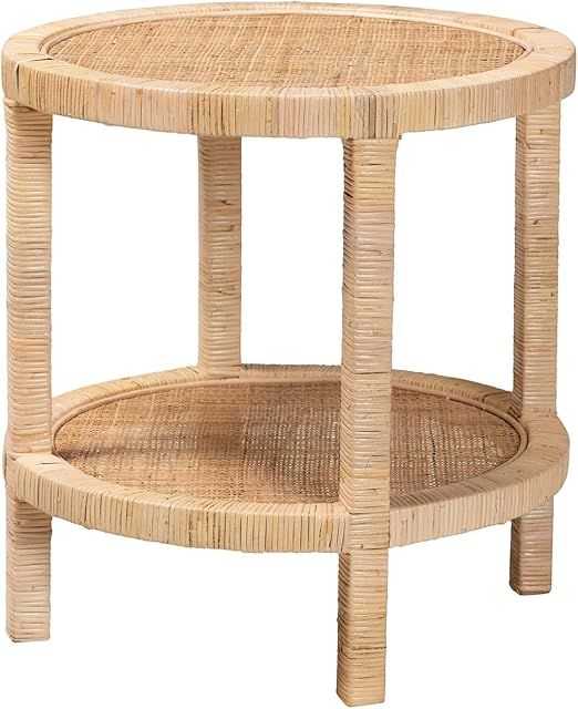 Baxton Studio Bella Brown Mahogany Wood and Natural Rattan 2-Tier End Table | Amazon (US)