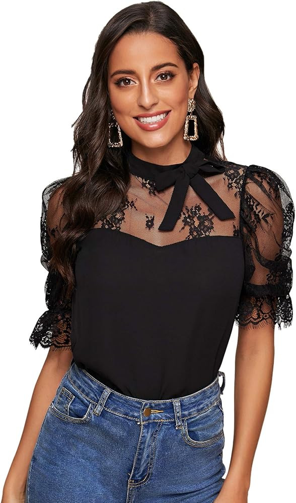 SweatyRocks Women's Casual Puff Short Sleeve Lace Mesh Tie Kont Tee Shirt Blouse | Amazon (US)