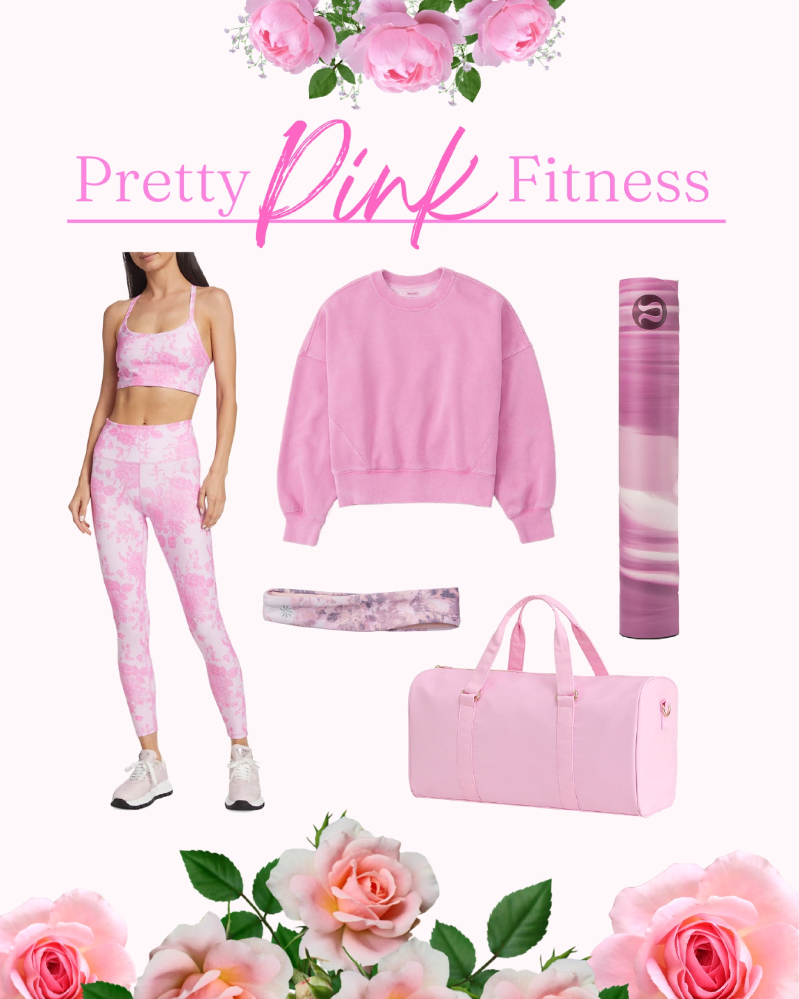 Pretty pink fitness 🌸✨🤍🎀  pink workout set, pink athleisure wear, pink fitness apparel, pink floral workout clothes, pink Lululemon yoga mat, pink gym bag, pink sweatshirt, pink floral matching set, pink headband.  

#LTKunder100 #LTKfit #LTKstyletip