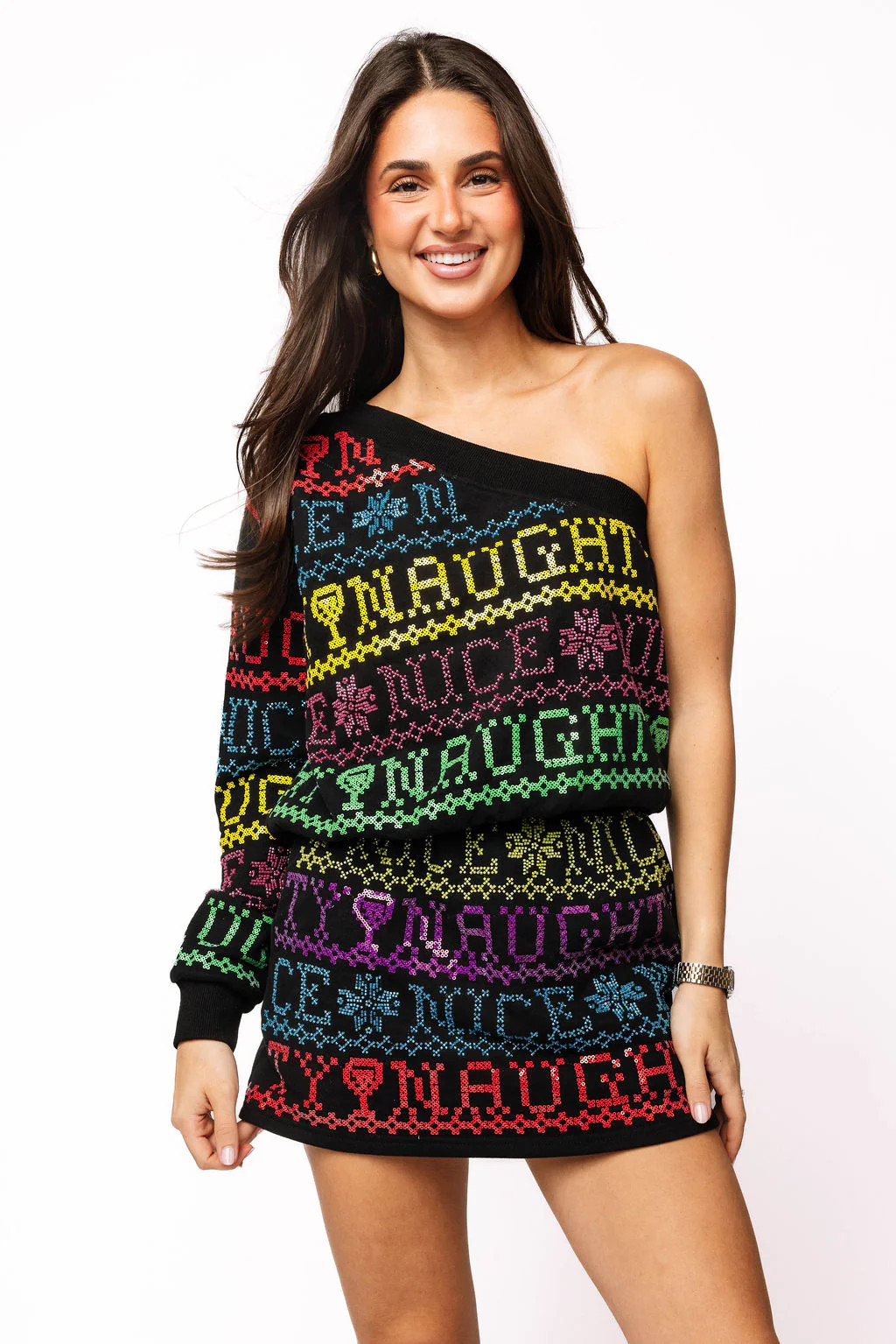 SAMPLE- Black Multi Needlepoint Naughty or Nice One Shoulder Top and S | Queen of Sparkles
