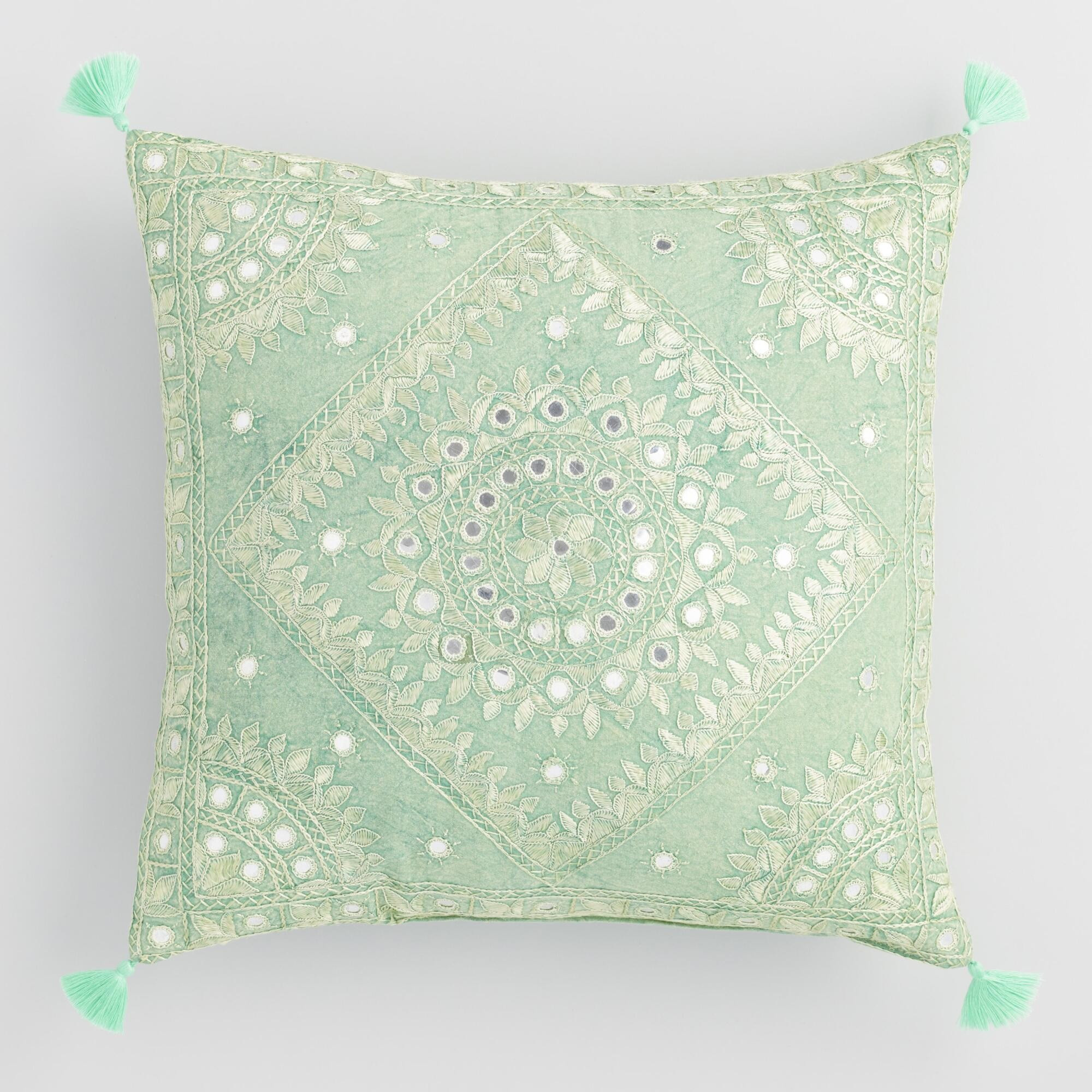 Light Green Mirrored Embroidered Throw Pillow - Cotton - 18" Square by World Market | World Market