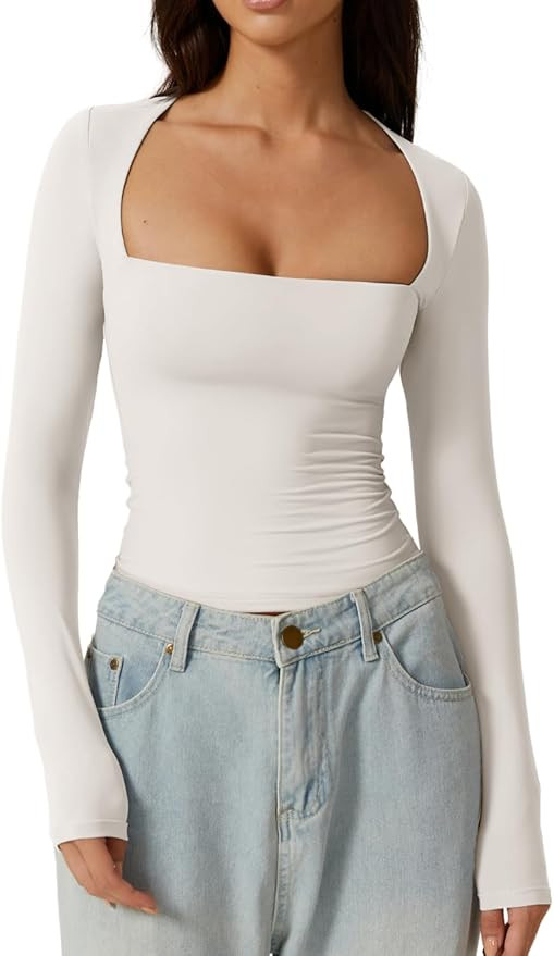 QINSEN Women's Sexy Square Neck Shirt Long Sleeve Double Lined Tees Fitted Going Out Tops | Amazon (US)