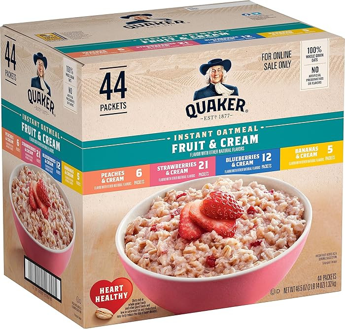 Quaker Instant Oatmeal Fruit & Cream Variety Pack, Single Serve Packets, (44 Pack) | Amazon (US)