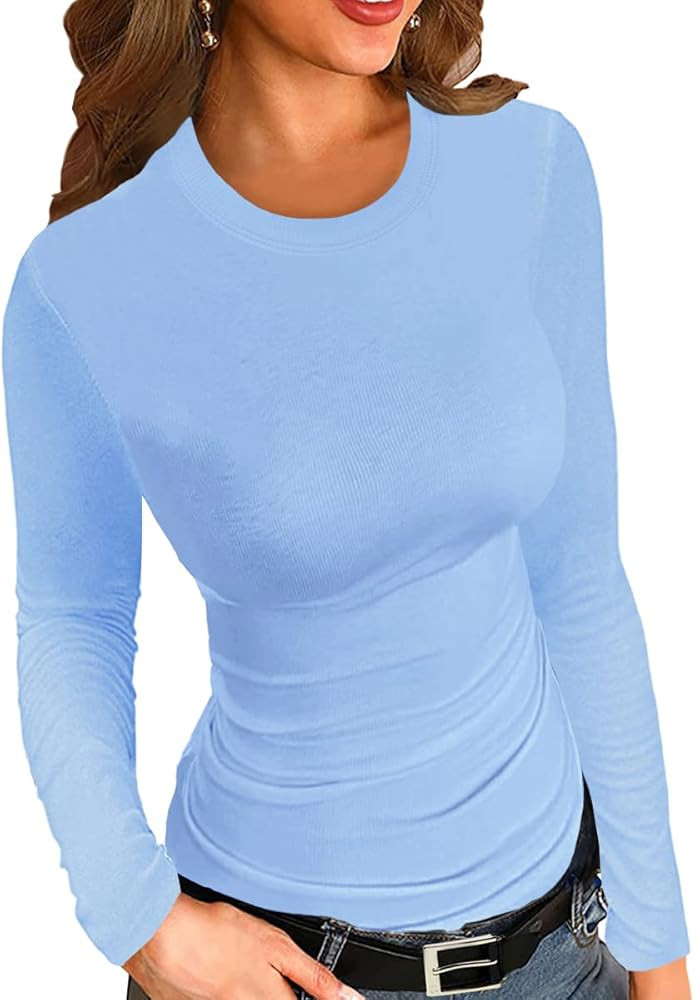 Afibi Women Ribbed Long Sleeve Crew Neck Slim Fit Stretchy Basic T Shirts Tops | Amazon (US)
