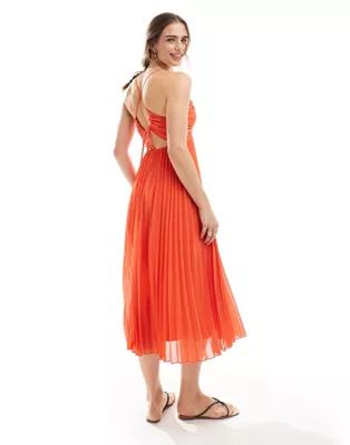 ASOS DESIGN pleated bodice strappy pleat midi dress with tie back detail in coral | ASOS (Global)