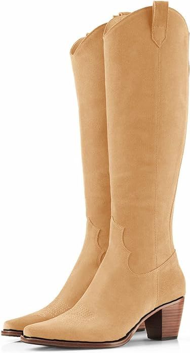 Women Cowboy Knee High Boots Suede Wide Calf Chunky Block Heel Square Toe Tall Riding Boots | Amazon (US)