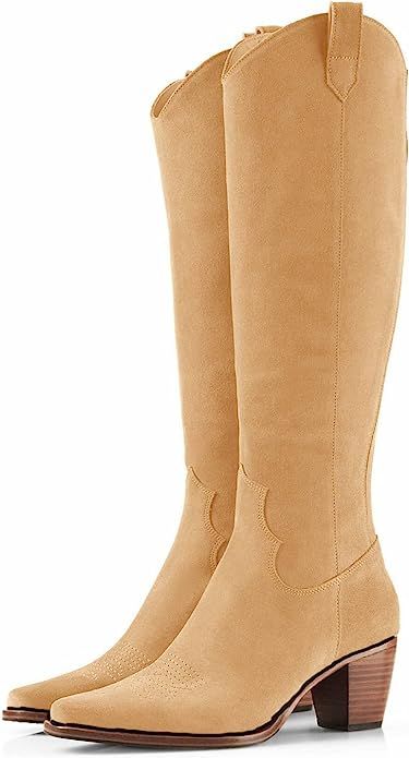 Women Cowboy Knee High Boots Suede Wide Calf Chunky Block Heel Square Toe Tall Riding Boots | Amazon (US)