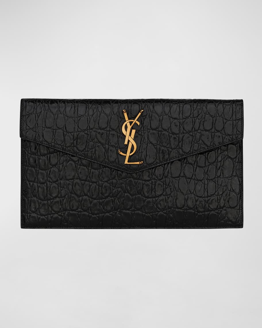 Saint Laurent Uptown Medium YSL Monogram Croc-Embossed Clutch Bag | Neiman Marcus