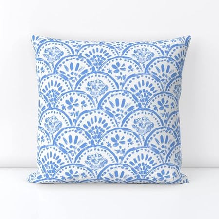 Spoonflower Square Throw Pillow, 18", Linen Cotton Canvas - Chinese Blue Scalloped Wave Chinoiser... | Amazon (US)