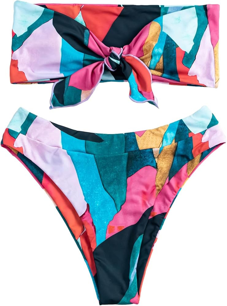 Floerns Women's Boho Two Piece High Waist Bathing Suit Bandeau Swimsuit | Amazon (US)