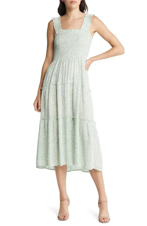 VERO MODA Jenny Smocked Midi Dress in Desert Sage Aop Jane at Nordstrom, Size X-Large | Nordstrom