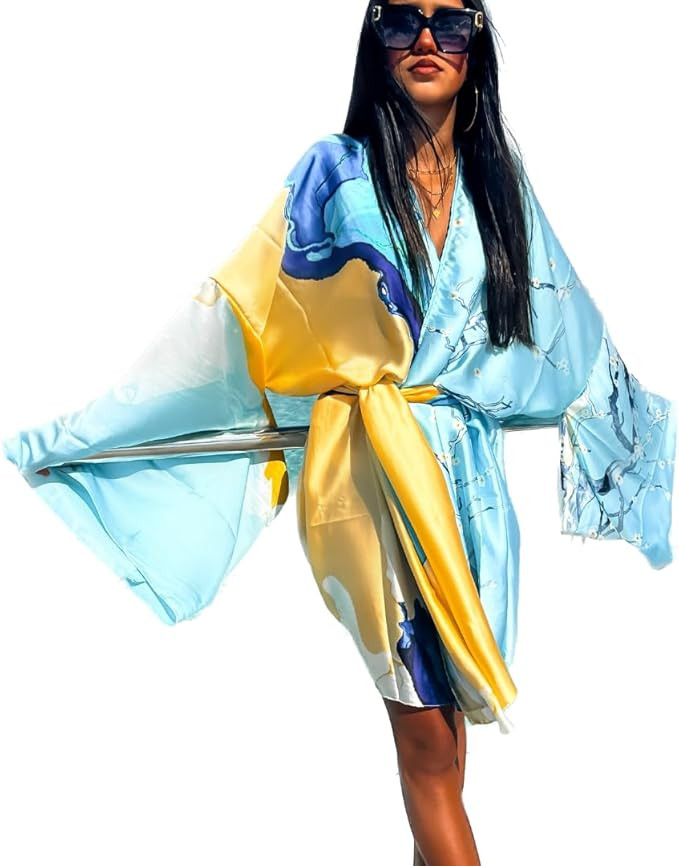 Starlet Scarlet Women’s Abstract Boho Open Front Loose Belted Sexy Silky Kimono Flowy Mini Dres... | Amazon (US)