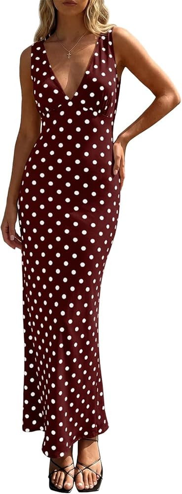 Wenrine Womens Summer Polka Dot Maxi Dress Mesh Wedding Guest Bodycon Sexy V Neck Sleeveless Part... | Amazon (US)