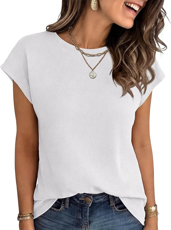 Womens Waffle Knit Cap Sleeve T Shirts Summer Casual Tops Basic Tee Work Blouses 2026 Spring Vaca... | Amazon (US)