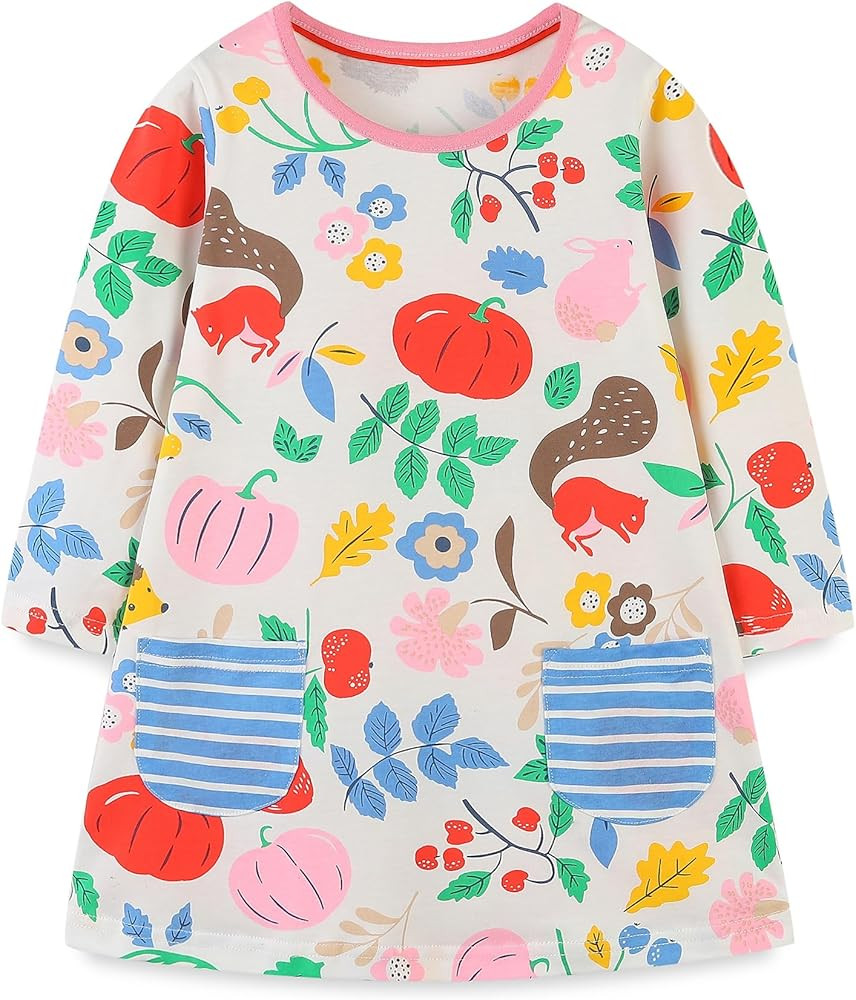 FreeLu Toddler Girls Cartoon Applique Dresses Striped Casual Dress Cotton Jersey Longsleeve T-Shi... | Amazon (US)