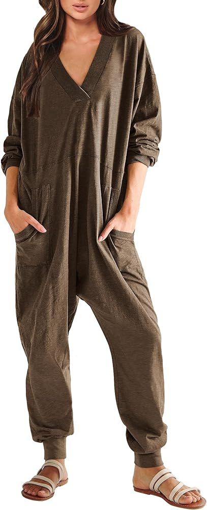 ANRABESS Women's Casual Loose Jumpsuits Long Sleeve V Neck Rompers Baggy Overalls Lounge Pajamas ... | Amazon (US)