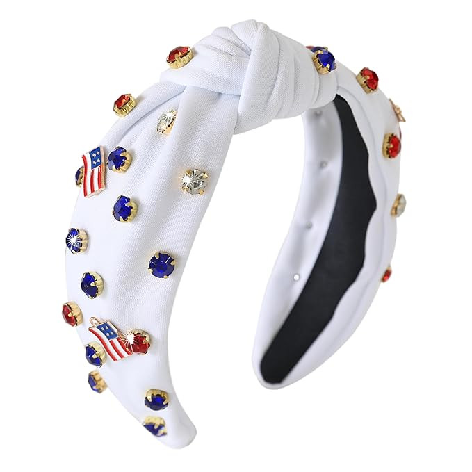 4th of July Headband for Women Girls White Red and Blue Rhinestone American Flag Headband Wide Kn... | Amazon (US)
