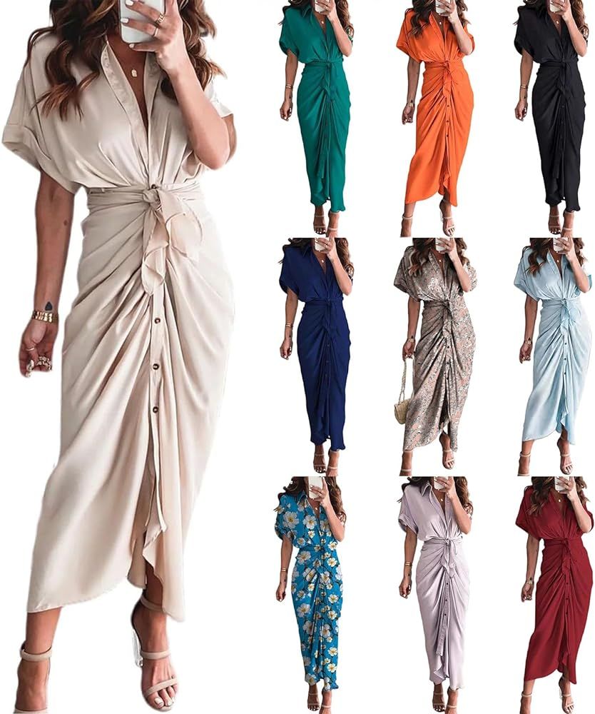 GSGXGGS Women's Casual Shirt Dress Button Down V Neck Maxi Dress Elegant Short Sleeve Wrap Dress ... | Amazon (US)