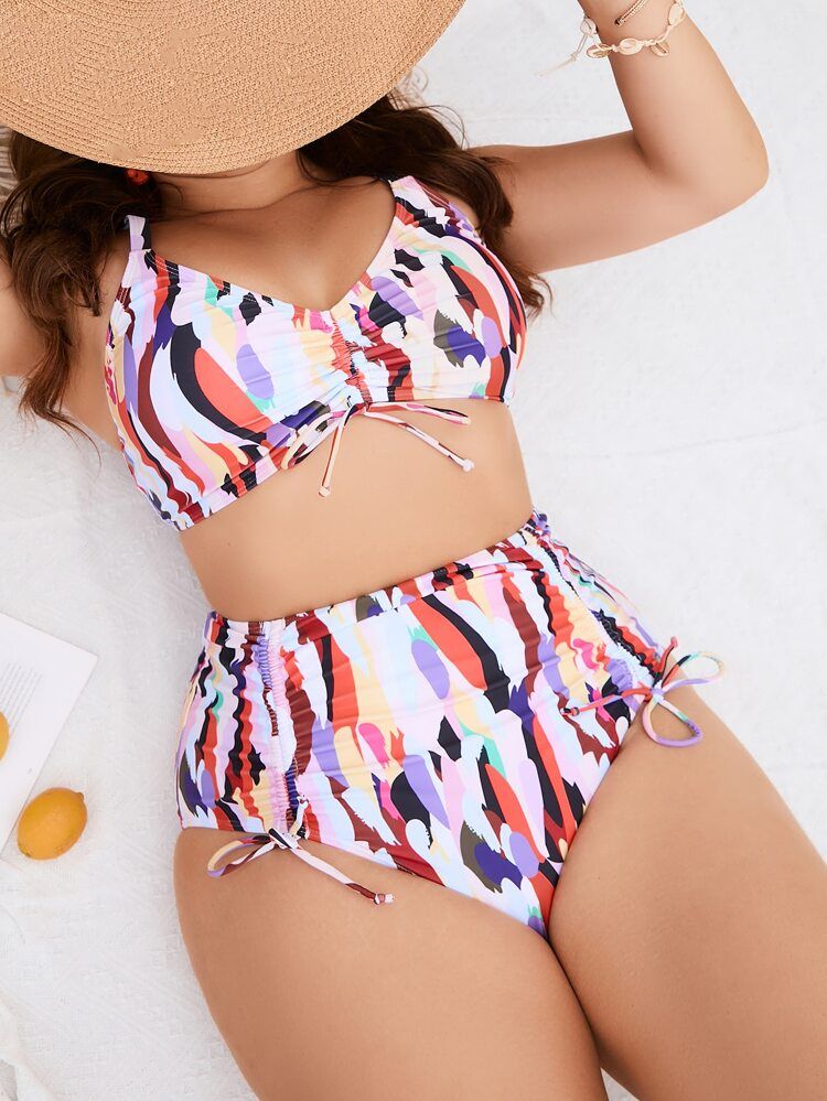 SHEIN Plus Allover Print Drawstring High Waisted Bikini Swimsuit | SHEIN