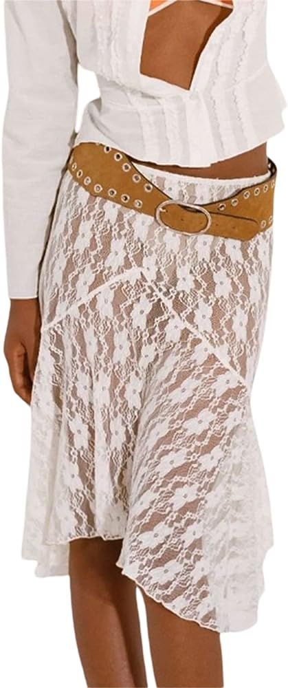 White Lace Midi Skirts for Women Y2k Fairy Grunge Bodycon Half Skirt E-Girls See-Through Wrapped ... | Amazon (US)