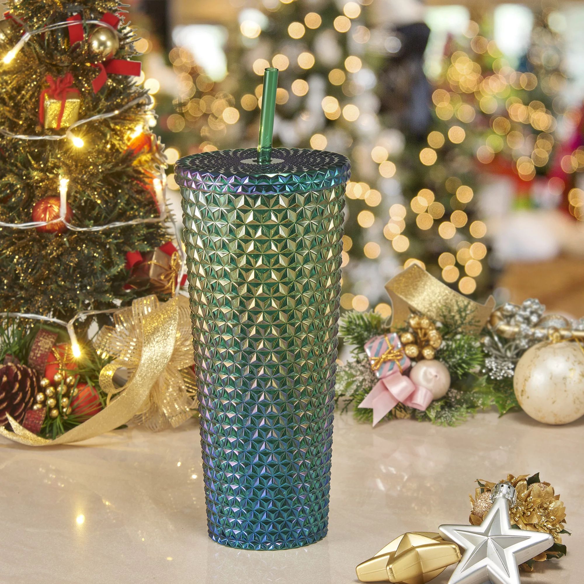 Holiday Time Christmas 26oz DW AS Plastic Textured Tumbler, Iridescent Green | Walmart (US)