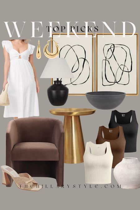 Weekend Top Picks

Modern Accent Chair, Wall Art, Summer Dress, Gold Side Table, Seamless Tank, Ceramic Vase, Sandal Heal, Lamp.

#LTKSeasonal #LTKhome #LTKstyletip