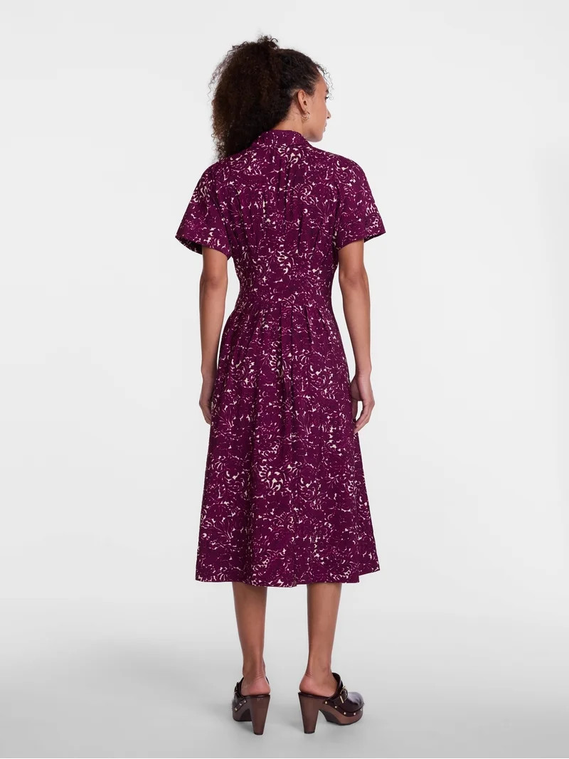 Scenario Women's and Women's Plus Pleated Waist Midi Shirtdress with Short Sleeves, Sizes XS-4X | Walmart (US)