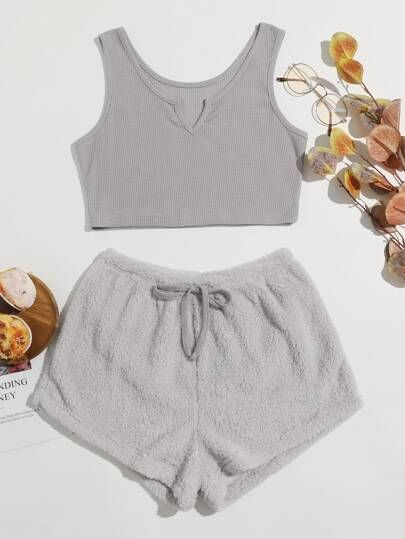 Notched Tank Top & Tie Front Teddy Shorts Lounge Set | SHEIN