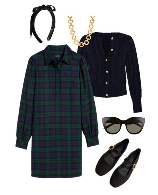 Preppy winter outfit 
Workwear 
Office outfit 
Black watch plaid dress 
Navy cable knit cardigan 
Black Mary Jane flats
Bow headband 
Black cat eye sunglasses 

#LTKSeasonal #LTKFindsUnder100 #LTKFindsUnder50