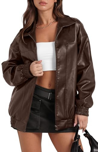 Sampeel Chocolate Brown Fall Clothes Leather Jacket Women Faux Baggy Motorcycle Trendy Coats 2025 Fashion Winter Outfits M | Amazon (US)