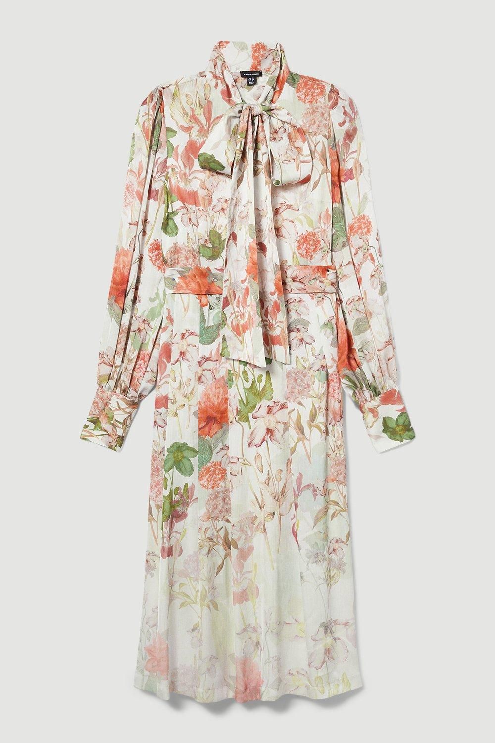 Lydia Millen Crinkle Chiffon Floral Pussybow Midi Dress | Karen Millen US