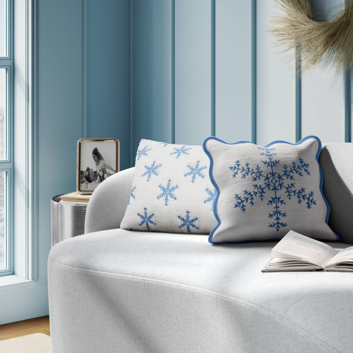 Woven Snowflake Square Throw Pillow with Scalloped Trim Blue/Ivory - Threshold™ | Target